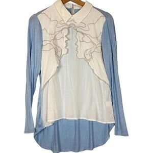 OPi Blue and white Embroidered Layered Blouse with Collar Size: Medium